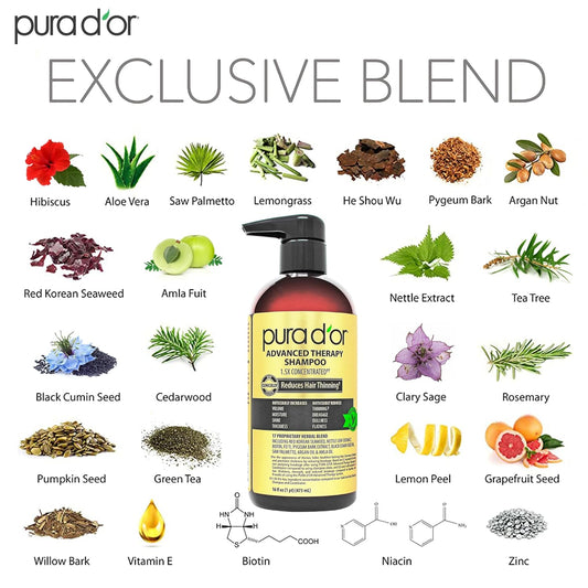 PURA_D'OR_Advanced_Therapy_Shampoo_Reduces_Hair_Thinning_&_Increases_Volume,_No_SLS,_Biotin_Shampoo_Infused_w/Argan_Oil,_Aloe_Vera_for_All_Hair_Types,_Men_&_Women,_Invigorating_Forest_Scent_16_Fl_Oz