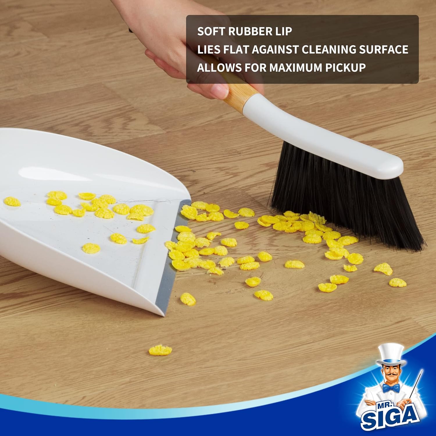 MR.SIGA_Dustpan_and_Brush_Set,_Portable_Cleaning_Brush_and_Dustpan_Combo_with_Bamboo_Handle,_White,_1_Set