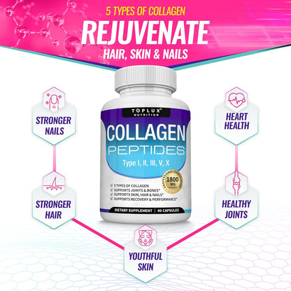 Toplux_Multi_Collagen_Peptides_Pills_1800_Mg_Complex_-_Type_I,_II,_III,_V,_X_Premium_Collagen_Complex_for_Better_Skin_&_Hair,_Strong_Joint,_Hydrolyzed_Protein,_for_Men_Women,_90_Capsules,_Supplement