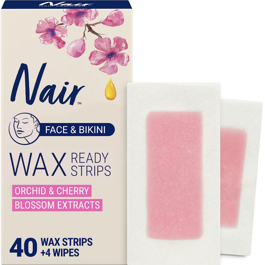 Nair_Hair_Remover_Wax_Ready_Strips,_Face_and_Bikini_Hair_Removal_Wax_Strips,_Orchid_and_Cherry_Blossom_Extracts,_Dermatologist_Tested,_Plus_4_Post_Wipes,_40_Count