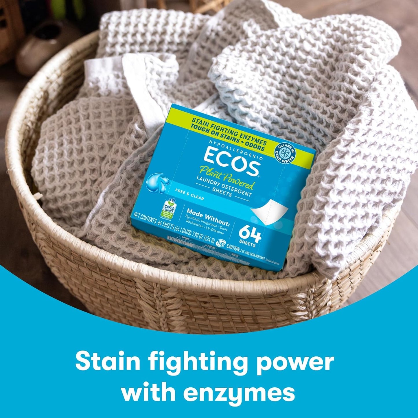 ECOS_Laundry_Detergent_Sheets_Vegan,_No_Plastic_Jug,_No_Mess_&_Liquid_Free_-_Hypoallergenic,_Plant_Powered_Laundry_Detergent_Sheet_-_Free_and_Clear_-_64_Count_(Pack_of_1)