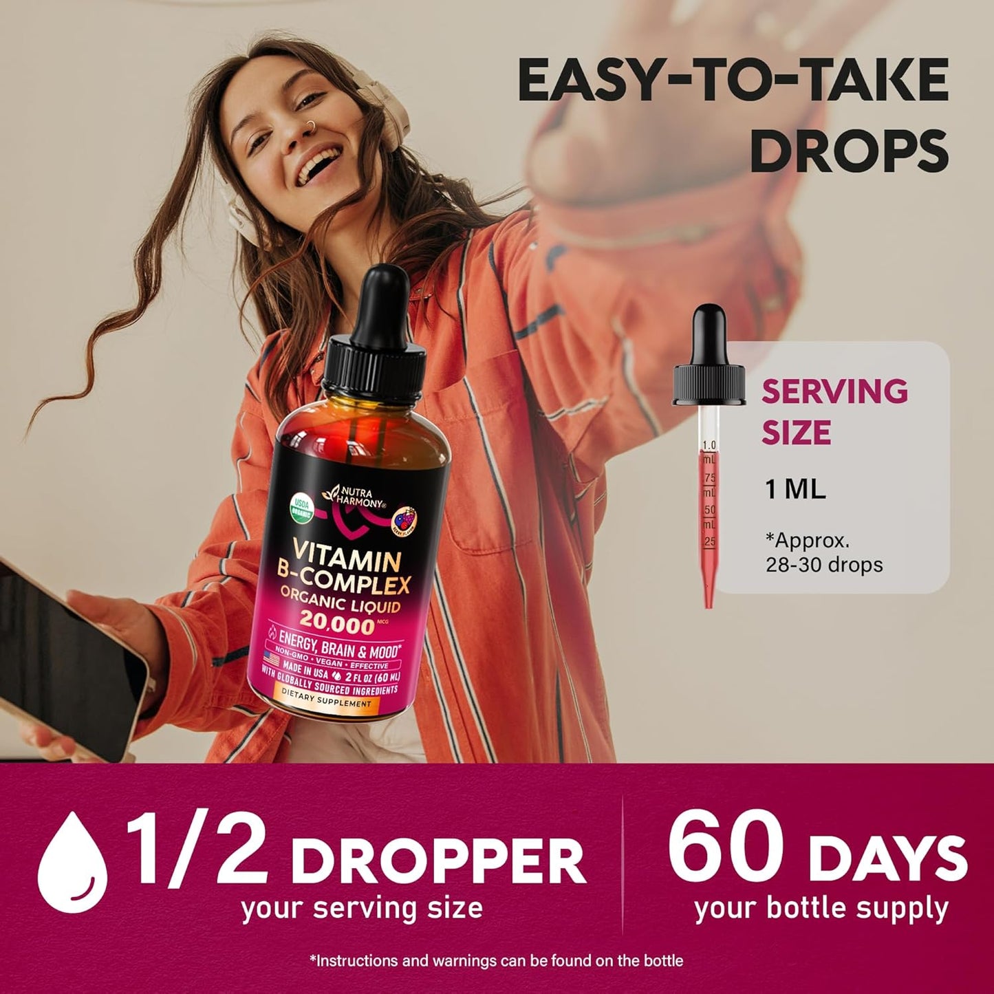 USDA Organic Vitamin B-Complex B5 Pantothenic Acid | B12 Methylcobalamin | B1 Thiamine | B6 Pyridoxine | B7 Biotin | B9 Folic | B3 Niacinamide - B Complex Liquid Drops | Complex Liquid Spray, Made in USA Supplement
