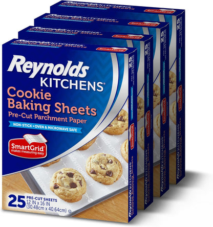 Reynolds_Kitchens_Cookie_Baking_Sheets,_Pre-Cut_Parchment_Paper,_25_Count_per_Pack_(Pack_of_4),_100_Sheets_Total