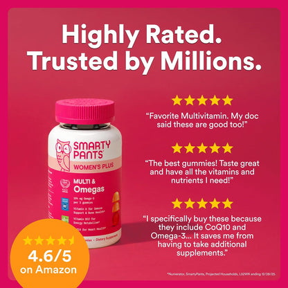 SmartyPants_Women's_Multivitamin_Gummies,_Omega_3_DHA/EPA,_Methylfolate,_CoQ10,_Vitamin_D3,_C,_B12,_B6,_A,_K,_Zinc,_Three_Fruit_Flavors,_90_Count_(30_Day_Supply)