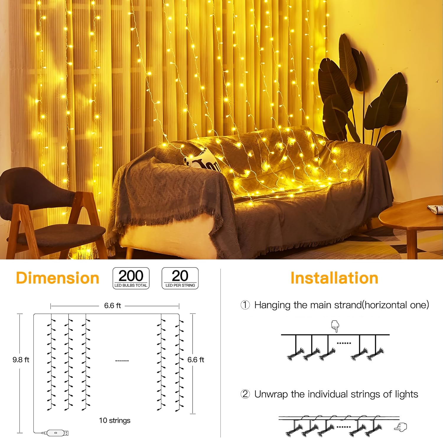Ollny_Curtain_Lights_6.6x6.6ft,_200_LED_String_Lights_with_Remote_8_Modes_Dimmable_Timer,_USB_Power_Fairy_Light_for_Bedroom_Backdrop_Indoor_Wall_Window_Christmas_Decorations,_Warm_White