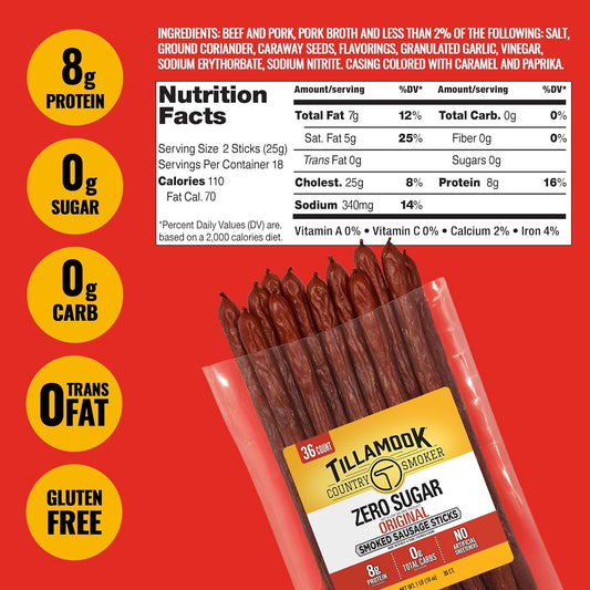 Tillamook_Country_Smoker_Smoked_Sausage,_Zero_Sugar,_Original,_16_Ounce_(36_Count_Meat_Sticks_Bulk_Pack)_Real_Hardwood_Smoked_Sausages,_Low_Carb,_High_Protein_Ready_to_Eat_Keto_Snack