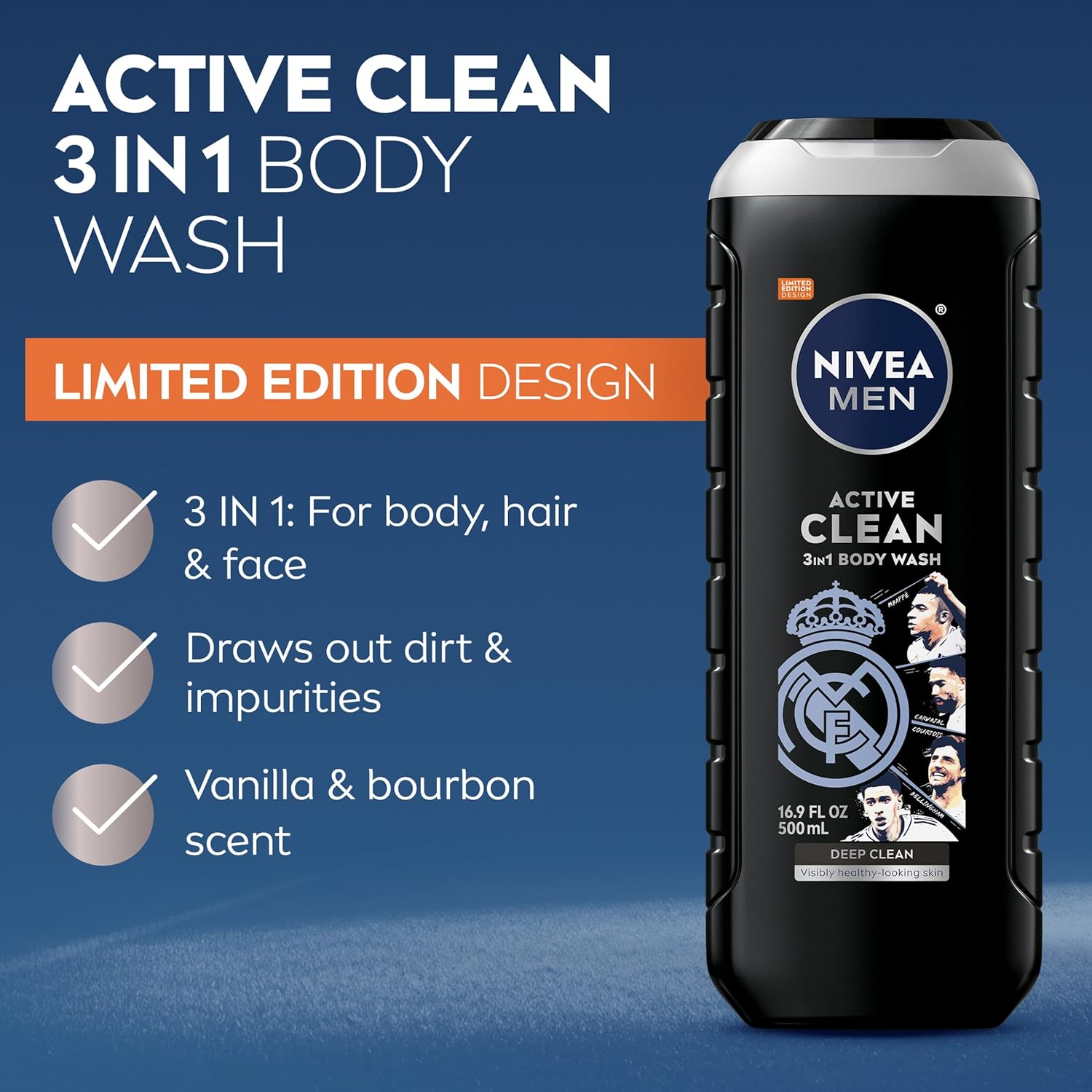 NIVEA_MEN_Real_Madrid_Limited_Edition_Design_Active_Clean_Body_Wash_with_Natural_Charcoal_for_Normal_to_Oily_Skin,_3-in-1_Charcoal_Body_Wash,_Face_and_Hair,_16.9_Fl_Oz_Bottle,_Pack_of_3