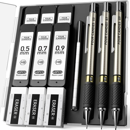 3PCS Metal Mechanical Pencil Set - 0.5 &amp;amp; 0.7 &amp;amp; 0.9mm with 360 Leads, 12 Erasers, Art Mechanical Pencils Pack with Storage Case for School Writing, Sketching, Drawing &amp;amp; Professional Drafting