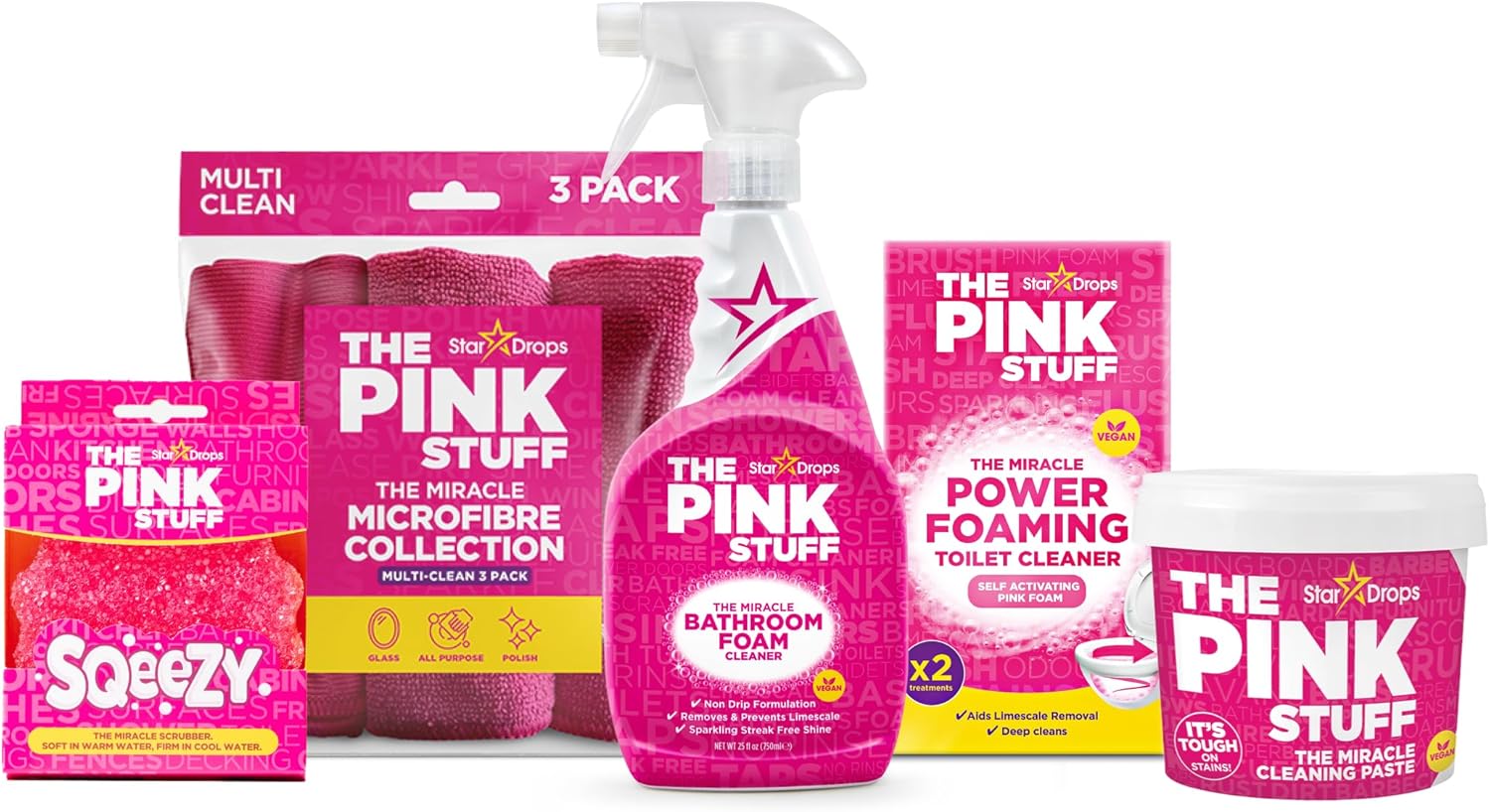 Stardrops_-_The_Pink_Stuff_Bathroom_Cleaning_Kit_–_Cleaning_Paste,_Bathroom_Foam_Spray,_Toilet_Foaming_Powder,_SQeeZY_Sponge_&_3_Microfiber_Cloths_–_Tough_on_Stains,_Grease_&_Soap_Scum