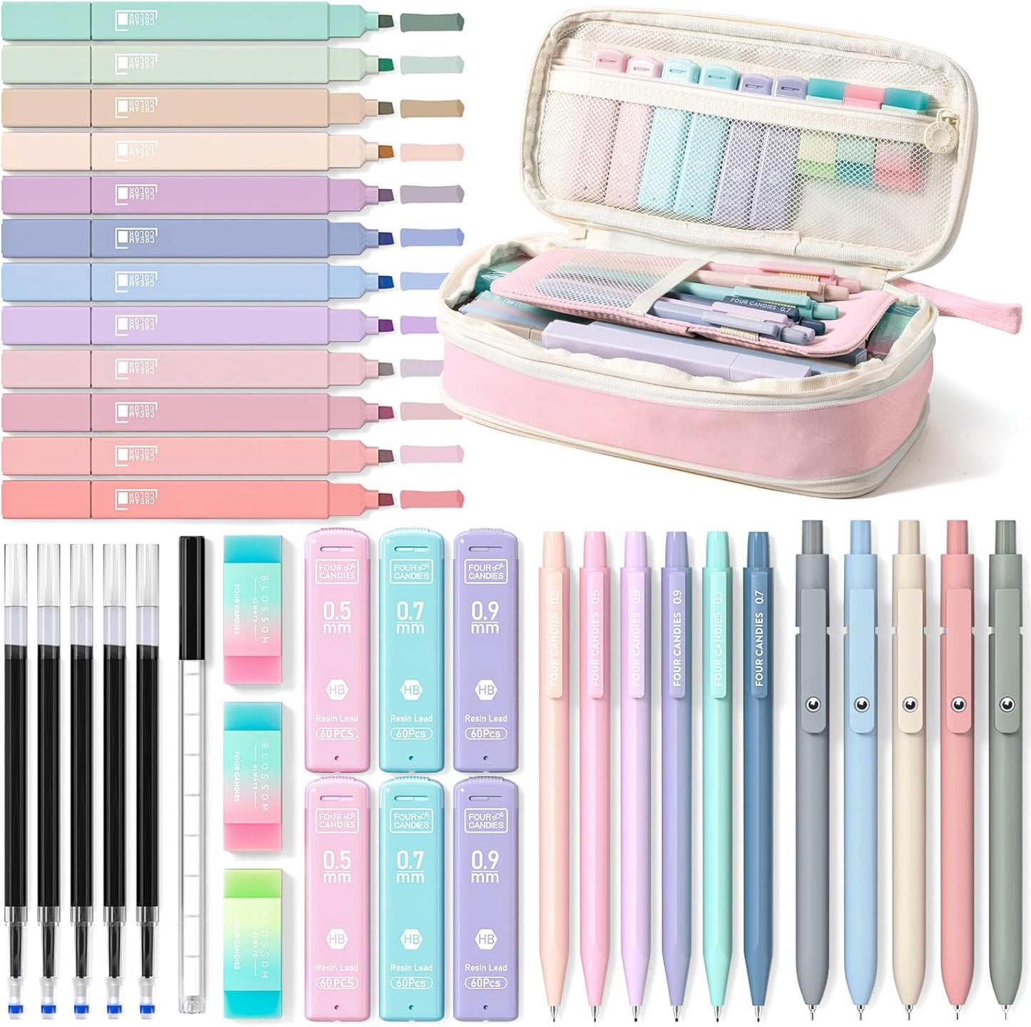 Four_Candies_School_Supplies_with_Cute_Pencil_Case,_39ct,_Pink_|_Back_to_School_Stationery_Set,_Essentials_for_College_&_Nursing_Students,_5_Gel_Pens,_6_Mechanical_Pencils,_12_Highlighters