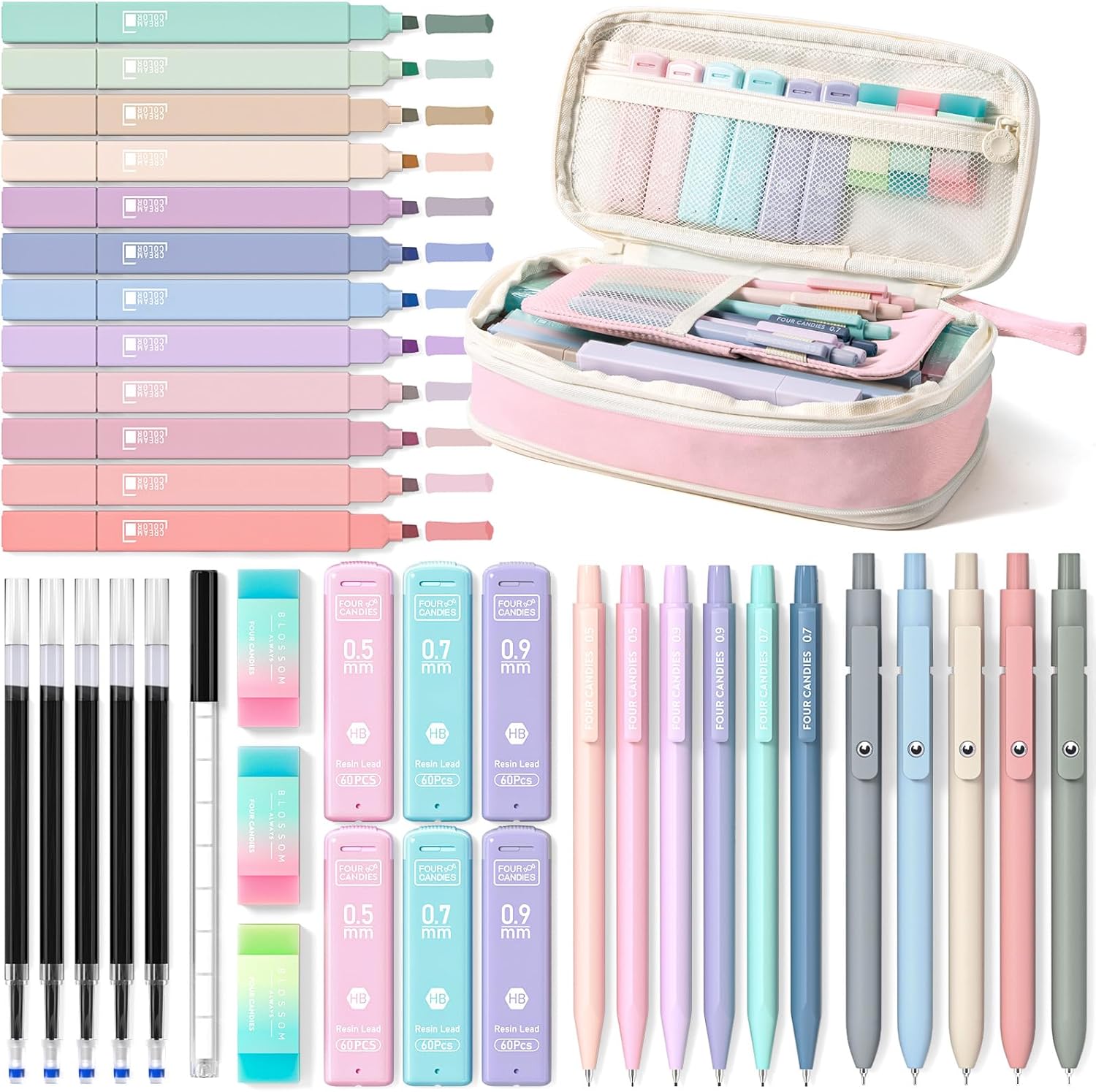 Four_Candies_School_Supplies_with_Cute_Pencil_Case,_39ct,_Pink_|_Back_to_School_Stationery_Set,_Essentials_for_College_&_Nursing_Students,_5_Gel_Pens,_6_Mechanical_Pencils,_12_Highlighters