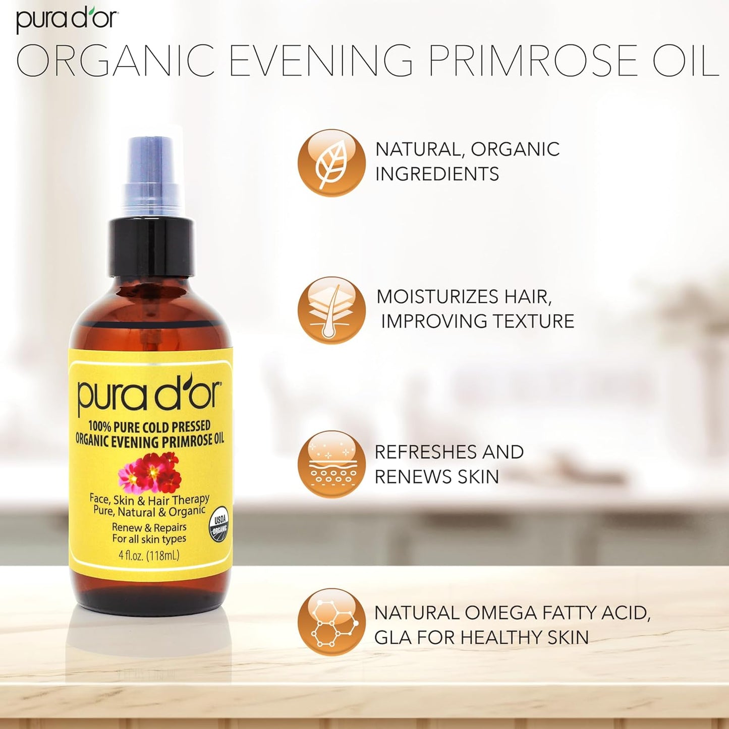 PURA_D'OR_Organic_Evening_Primrose_Oil_(4oz)_100%_Pure_Cold_Pressed_w/Natural_Essential_Fatty_Acids_&_Antioxidant_Rich_-_Moisturizes,_Rejuvenates,_Renews_&_Restores_-_Skin,_Hair_&_Face