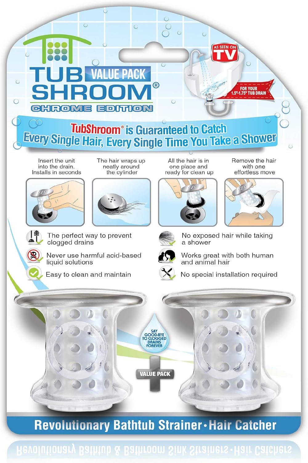 TubShroom_Bathtub_Drain_Protector_and_Hair_Catcher_-_2_Pack,_Chrome_-_Fits_1.5"_-_1.75"_Bathtub_and_Shower_Drains