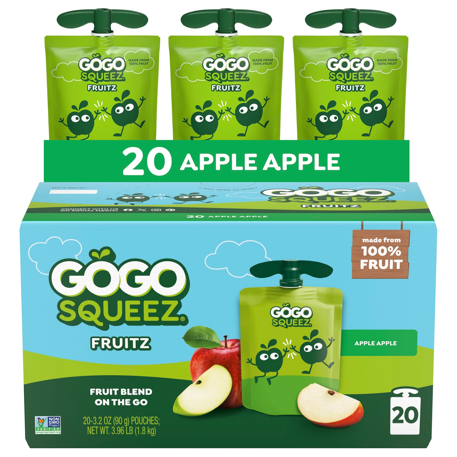GoGo squeeZ Fruit on the Go, Apple Apple, 3.2 oz (Pack of 20), Unsweetened Fruit Snacks for Kids, Gluten Free, Nut Free, and Recloseable Cap, BPA Free Pouches (Packaging May Vary)