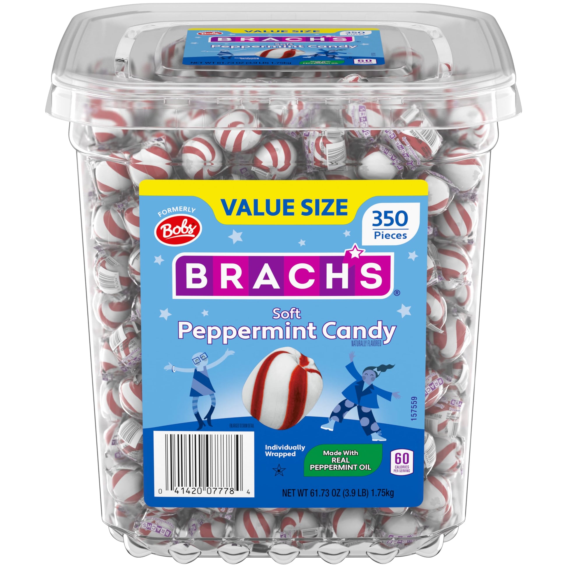 Brach&amp;#39;s Bobs Sweet Stripes Soft Peppermint Candy, Individually Wrapped Pieces, 3.9 lb Tub (350 Count)