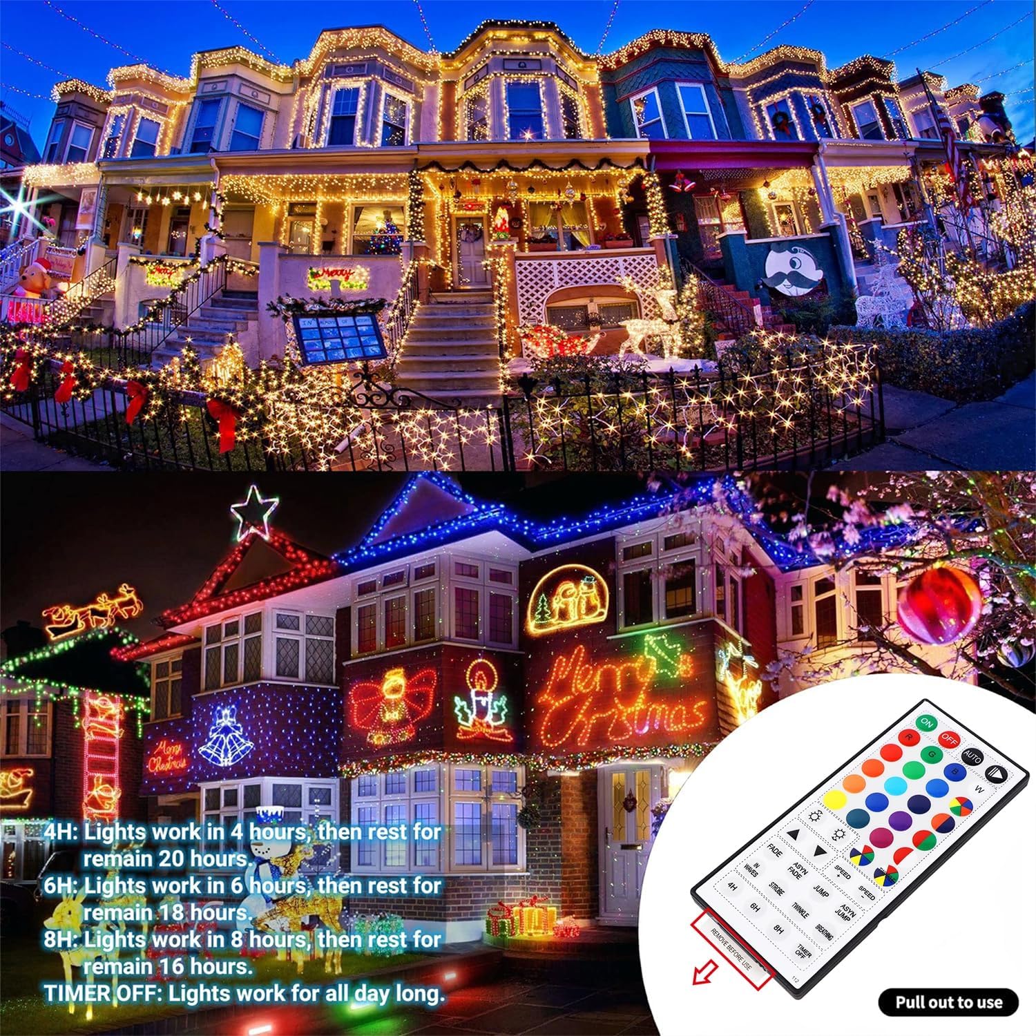 HOME_LIGHTING_66ft_Christmas_Decorative_Mini_Lights,_200_LED_RGB_Changing_8_Functional_Green_Wire_Fairy_Halloween_Lights_with_Remote_Timer,_Plug_in_Indoor_Outdoor_Xmas_Wedding_Party_Decor