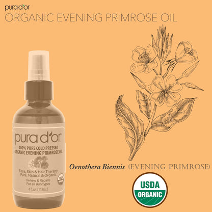 PURA_D'OR_Organic_Evening_Primrose_Oil_(4oz)_100%_Pure_Cold_Pressed_w/Natural_Essential_Fatty_Acids_&_Antioxidant_Rich_-_Moisturizes,_Rejuvenates,_Renews_&_Restores_-_Skin,_Hair_&_Face
