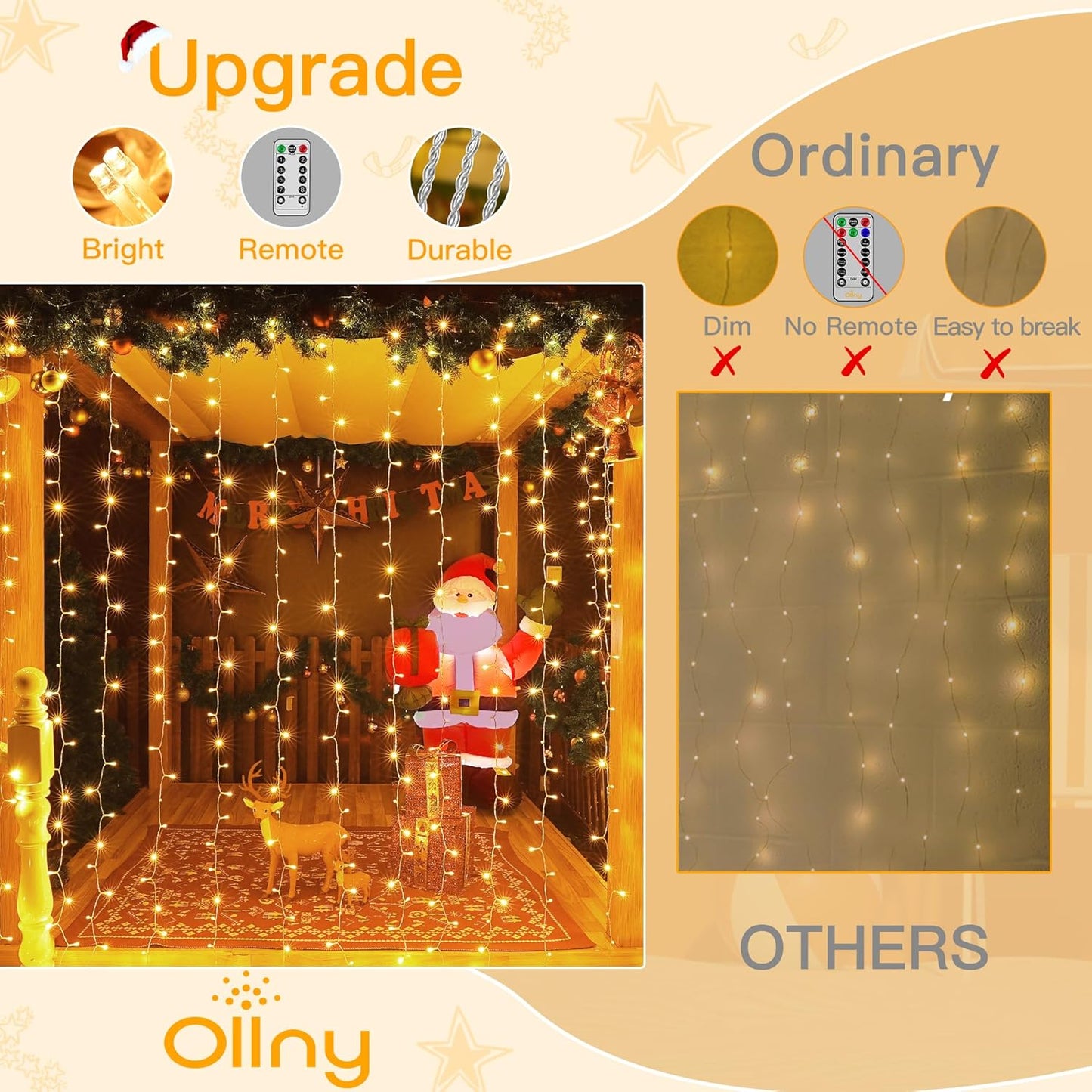 Ollny_Curtain_Lights_6.6x6.6ft,_200_LED_String_Lights_with_Remote_8_Modes_Dimmable_Timer,_USB_Power_Fairy_Light_for_Bedroom_Backdrop_Indoor_Wall_Window_Christmas_Decorations,_Warm_White