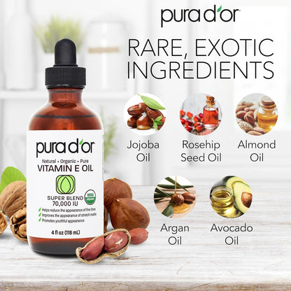 PURA_D'OR_4_Oz_Organic_Vitamin_E_Oil_70,000_IU,_USDA_Certified_Face,_Body,_Hair_&_Bath_Oil_with_Argan,_Jojoba,_Rosehip,_Apricot,_Almond_&_Avocado,_Lightweight_Moisturizing_Blend_for_Soft,_Smooth_Skin