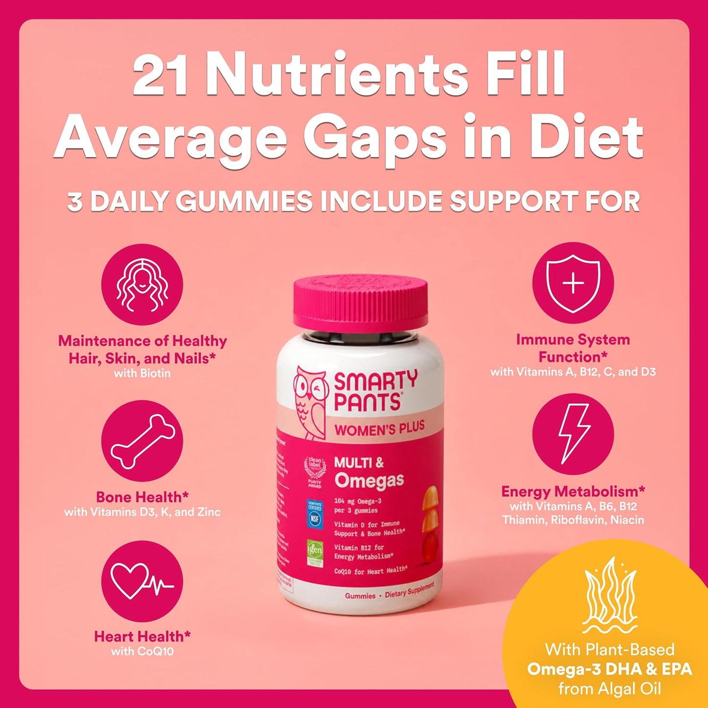 SmartyPants_Women's_Multivitamin_Gummies,_Omega_3_DHA/EPA,_Methylfolate,_CoQ10,_Vitamin_D3,_C,_B12,_B6,_A,_K,_Zinc,_Three_Fruit_Flavors,_90_Count_(30_Day_Supply)