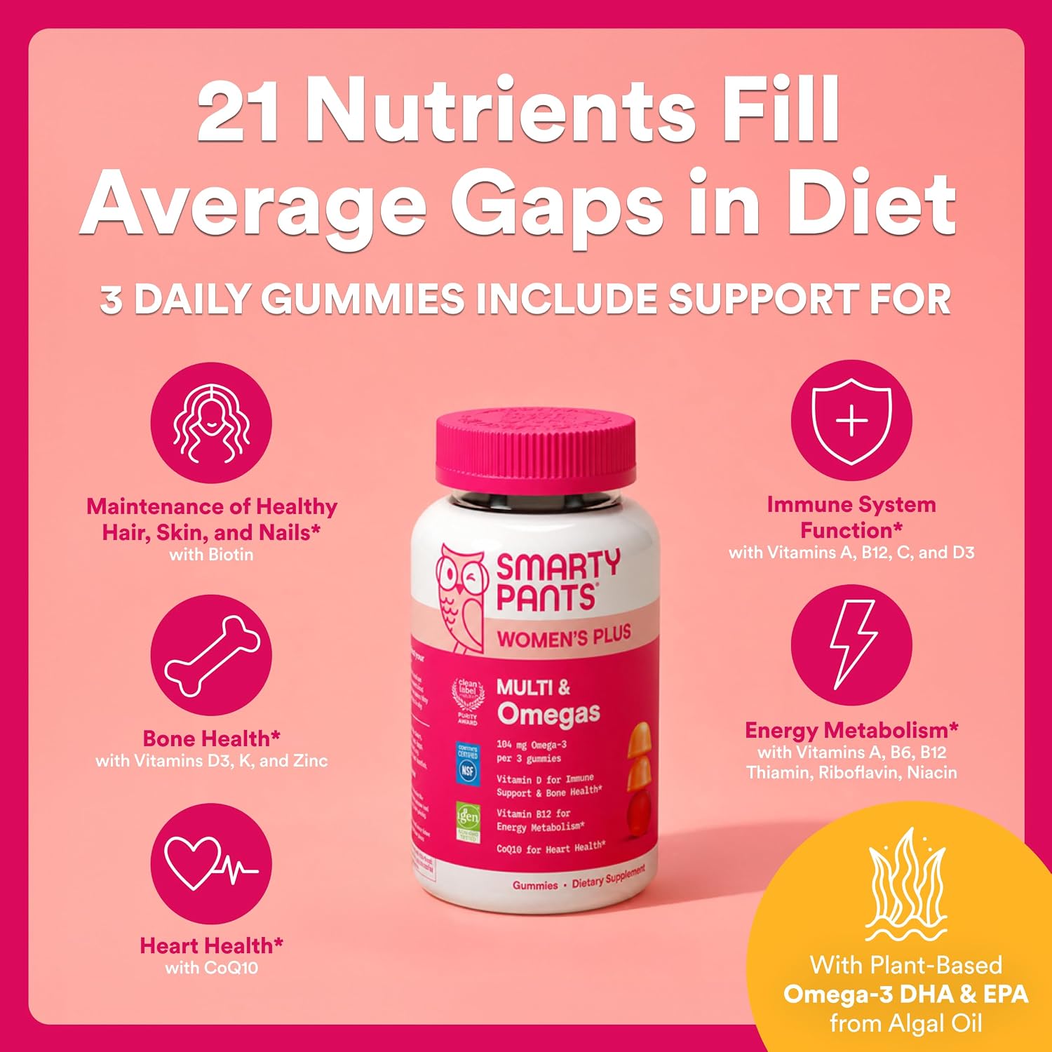 SmartyPants_Women's_Multivitamin_Gummies,_Omega_3_DHA/EPA,_Methylfolate,_CoQ10,_Vitamin_D3,_C,_B12,_B6,_A,_K,_Zinc,_Three_Fruit_Flavors,_90_Count_(30_Day_Supply)