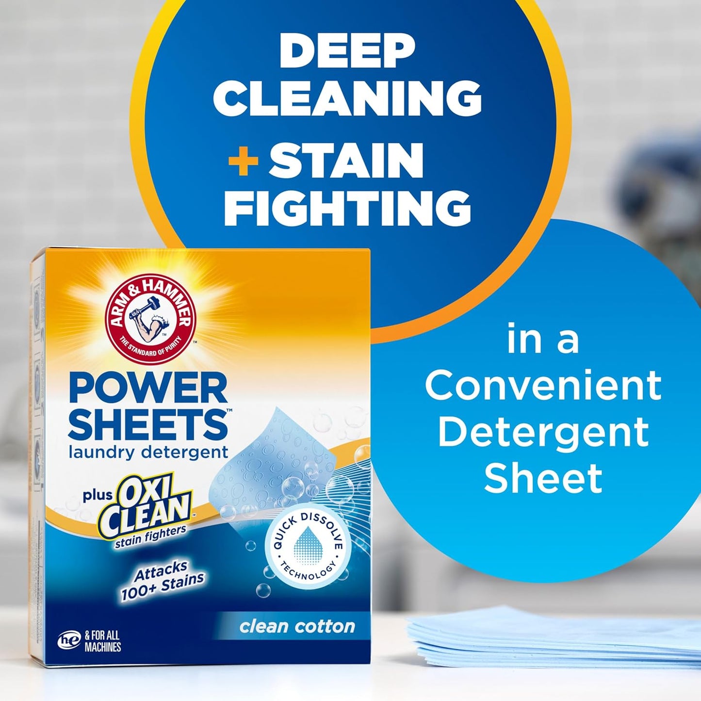 ARM_&_HAMMER_Power_Sheets_Laundry_Detergent_Plus_OxiClean_Stain_Fighters,_Clean_Cotton_Scent,_52_Count,_104_Medium_Loads