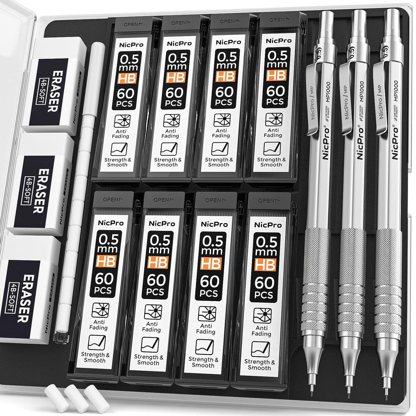 Nicpro 0.5 Mechanical Pencil Set with Case, 3PCS MP1000 Metal Artist Pencil &amp;amp; 8 Tube HB Lead Refills 0.5mm, 3 Erasers,9 Eraser Refills For Architect Writing Drafting, Drawing, Engineering, Sketching