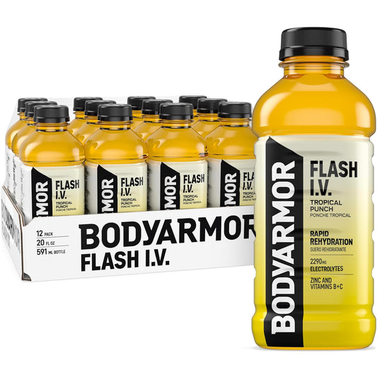 BODYARMOR_Flash_I.V._Electrolyte_Beverage,_Tropical_Punch,_Hydration_Drink_with_Coconut_Water_For_Rapid_Rehydration,_Post_Workout_Recovery,_20_Fl_Oz_(Pack_of_12)