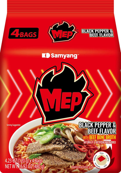 MEP_Black_Pepper_and_Beef_Flavor,_Instant_Korean_Ramen_noodles,_Spicy_Ramyeon_Noodle_Soup_[4.23_OZ_(120g)_x_4_Bags]