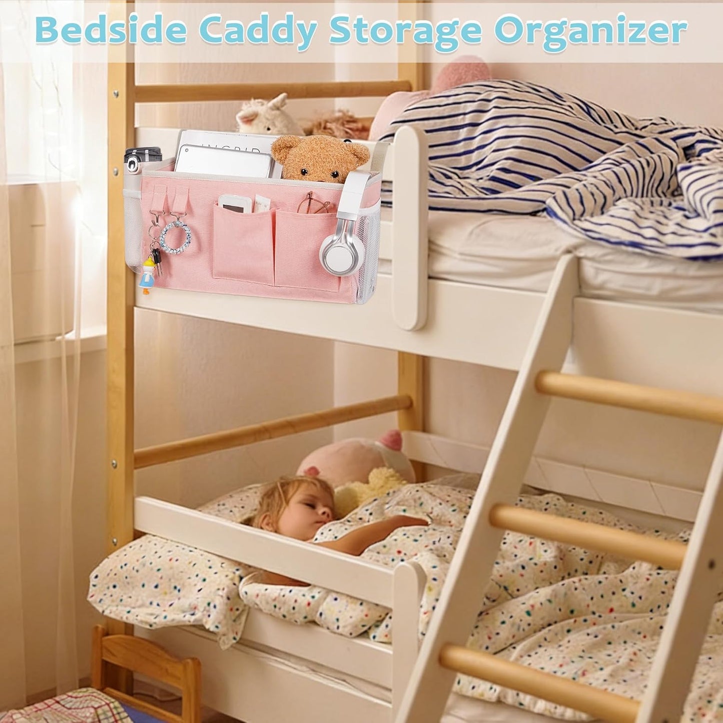 Bedside_Caddy/Bedside_Storage_Bag_Hanging_Organizer_for_Bunk_and_Hospital_Beds,Dorm_Rooms_Bed_Rails,Can_be_Placed_Glasses,Books,Mobile_Phones,Keys_(Light_Pink)