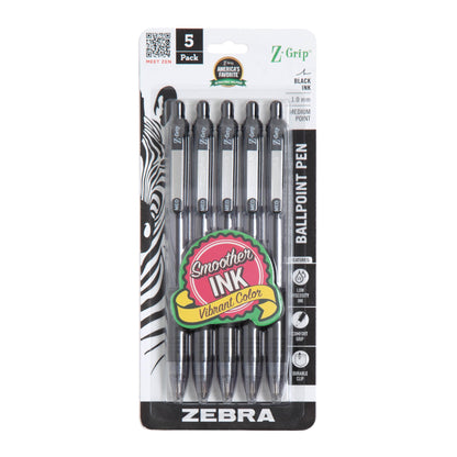 Zebra Pen Z-Grip Retractable Ballpoint Pen, Smooth-Flowing Black Ink, 1.0mm Medium Point, School &amp;amp; Office Supplies, Ideal for Note-Taking, Journal and Planner Use, 5-Pack (22215)