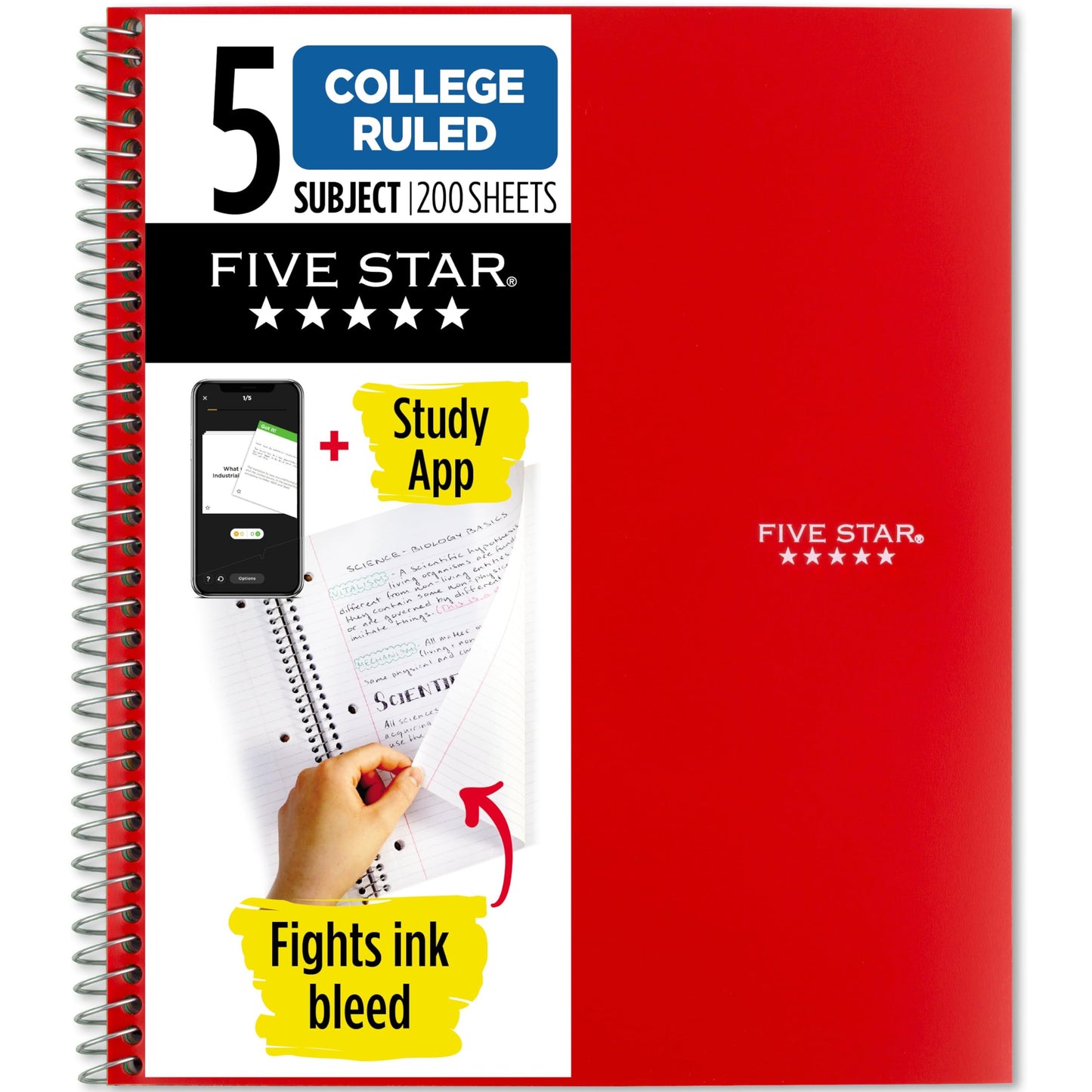 Five Star Spiral Notebook + Study App, 5 Subject, College Ruled Paper, 8-1/2&amp;#34; x 11&amp;#34;, 200 Sheets, Fights Ink Bleed, Water Resistant Cover, Fire Red (72077)