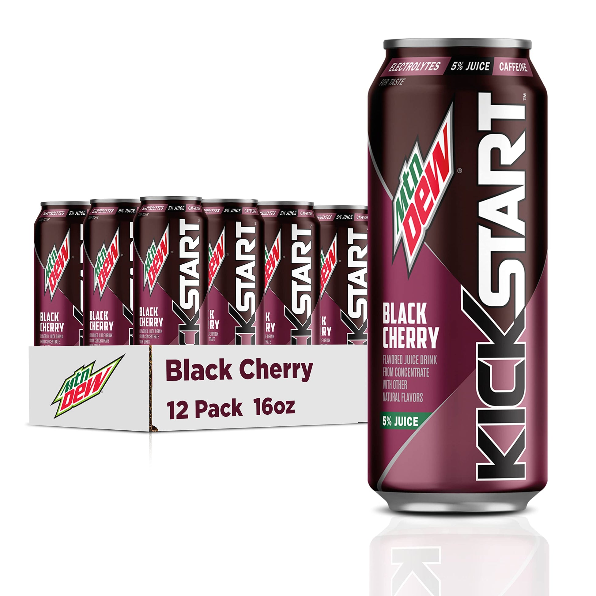 Mountain Dew Kickstart, Black Cherry, 92mg Caffeine, Vitamins B &amp;amp; C, 80 Calories, 5% Juice, 16 fl oz (12 Count)