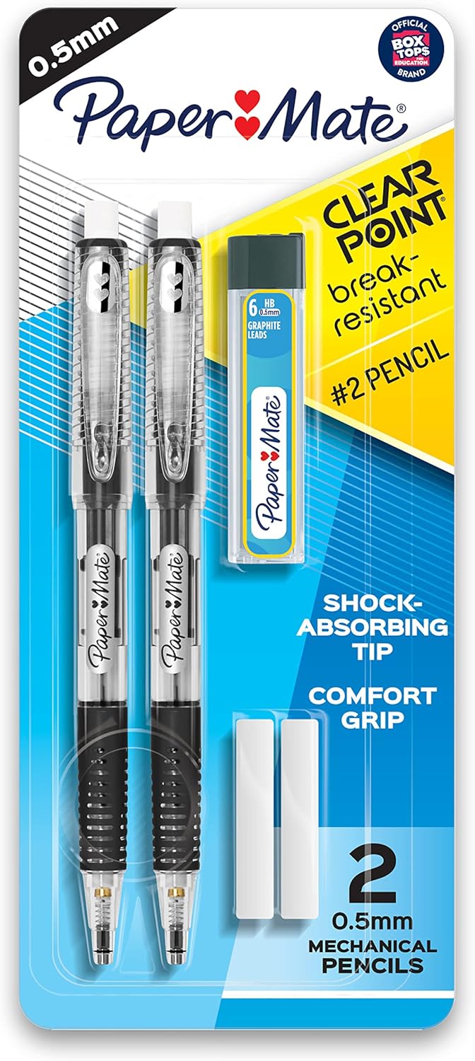 Paper_Mate_Clearpoint_Mechanical_Pencils_0.5mm_Break_Resistant_HB_#2_Lead_School_Supplies_Art_Supplies_Drawing_Sketching_Pencils_2_Black_1_Lead_Refill_Set_2_Erasers