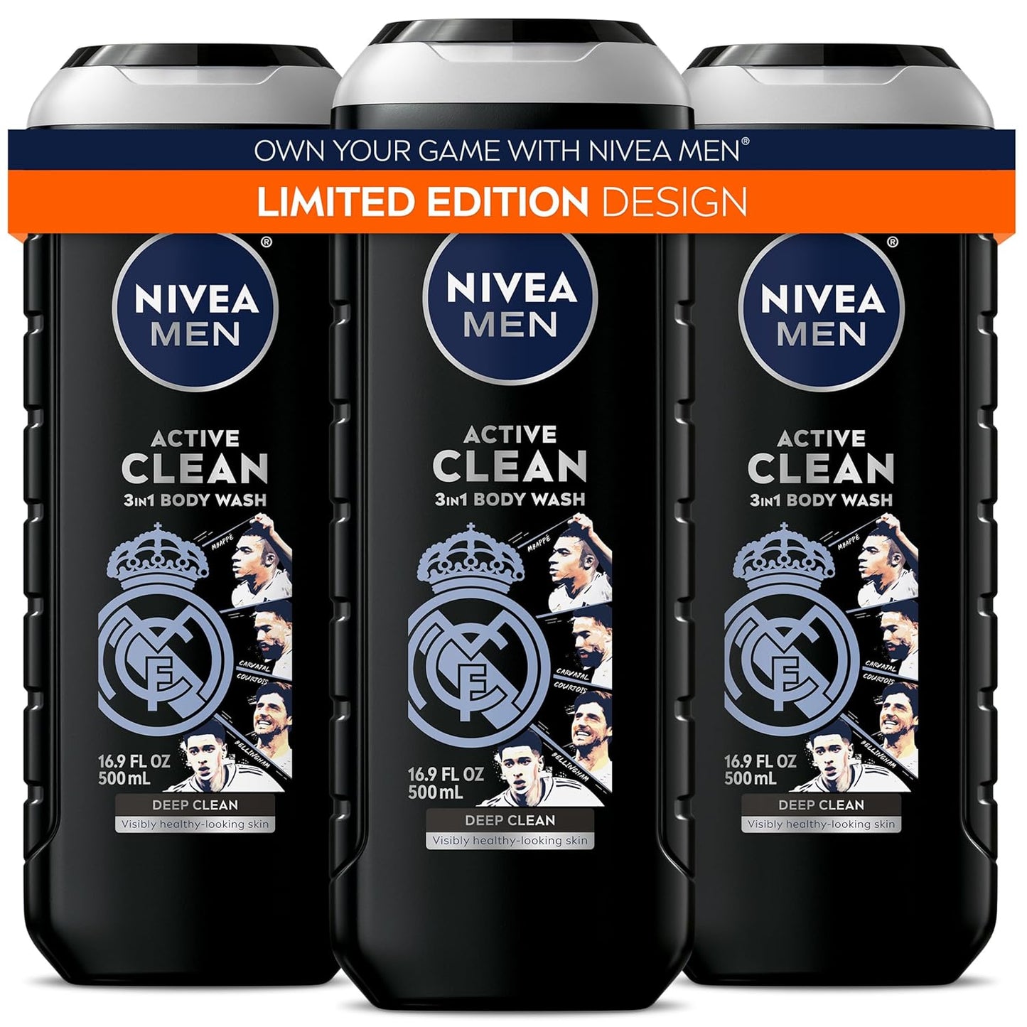 NIVEA_MEN_Real_Madrid_Limited_Edition_Design_Active_Clean_Body_Wash_with_Natural_Charcoal_for_Normal_to_Oily_Skin,_3-in-1_Charcoal_Body_Wash,_Face_and_Hair,_16.9_Fl_Oz_Bottle,_Pack_of_3
