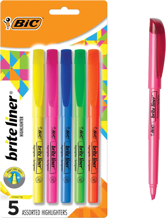 BIC_Brite_Liner_Highlighters,_Chisel_Tip,_School_Supplies_for_Students_and_Teachers,_Ideal_for_Notes,_Textbooks,_and_Classroom_Use,_5-Count_Pack_in_Assorted_Colors