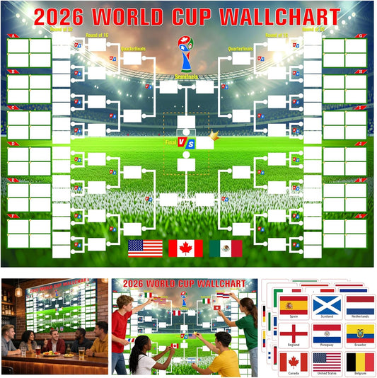 YANGALOOP_36x24_inches_Predict_2026_World_Cup_Schedule_Poster，64_Reusable_National_Flag_Stickers_with_Country_Names,_Soccer_Poster_2026_World_Cup_Merchandise,_Soccer_Gifts_for_Boys_Room_Decor