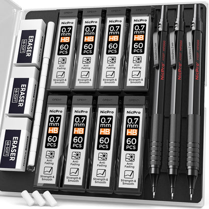 Nicpro 0.7 mm Mechanical Pencil Set with Case, 3 Metal Artist Pencil With 8 Tube HB Lead Refills, 3 Erasers, 9 Eraser Refills For Architect Art Writing Drafting Drawing, Engineering, Sketching, Black