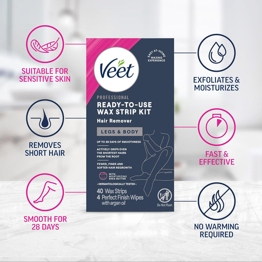 VEET_Ready-To-Use_Waxing_Kit_For_Women,_Wax_Strips_For_Body_Hair_Removal,_Wax_Kit_For_Legs_and_Body,_Personal_Care_Product,_Hair_Remover,_40ct_Waxing_Strips_(20_Double-Sided),_4ct_Body_Wipes