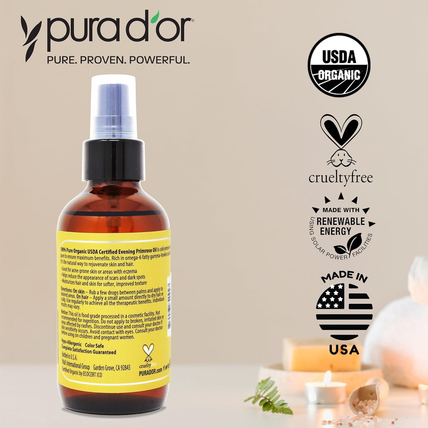 PURA_D'OR_Organic_Evening_Primrose_Oil_(4oz)_100%_Pure_Cold_Pressed_w/Natural_Essential_Fatty_Acids_&_Antioxidant_Rich_-_Moisturizes,_Rejuvenates,_Renews_&_Restores_-_Skin,_Hair_&_Face