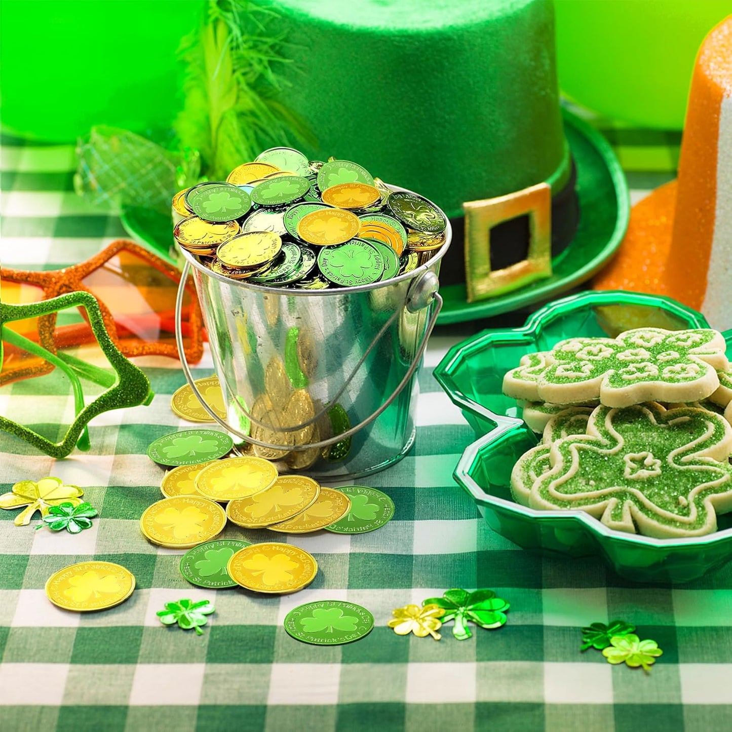 OHOME_Gold_Coins_St_Patricks_Day_-_120_Pieces_Shamrock_Plastic_Coins_Green_and_Gold_St._patrick's_Day_Accessories_for_St_Patricks_Day_Decorations_Birthday_Crafts_Party_Favors_Decor