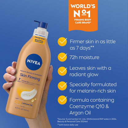 NIVEA_Skin_Firming_Melanin_Beauty_&_Hydration_Body_Lotion_with_Q10_and_Argan_Oil,_Firmer_Skin_in_as_Little_As_Seven_Days,_16.9_Fl_Oz_Pump_Bottle