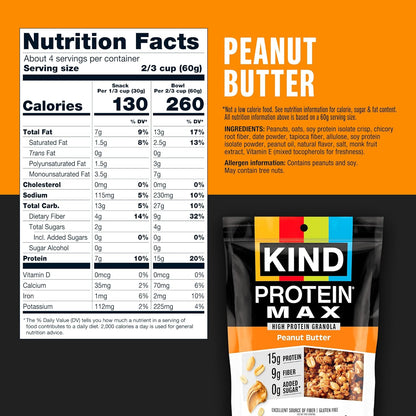 KIND_Protein_MAX_Granola_Clusters,_Peanut_Butter_-_15g_Protein,_0g_Added_Sugar,_Low_Sugar_(4g_Total),_Keto_Friendly,_Gluten_Free,_Non-GMO,_High_Protein_Breakfast_Granola_&_Snack,_Resealable_Bag,_9oz