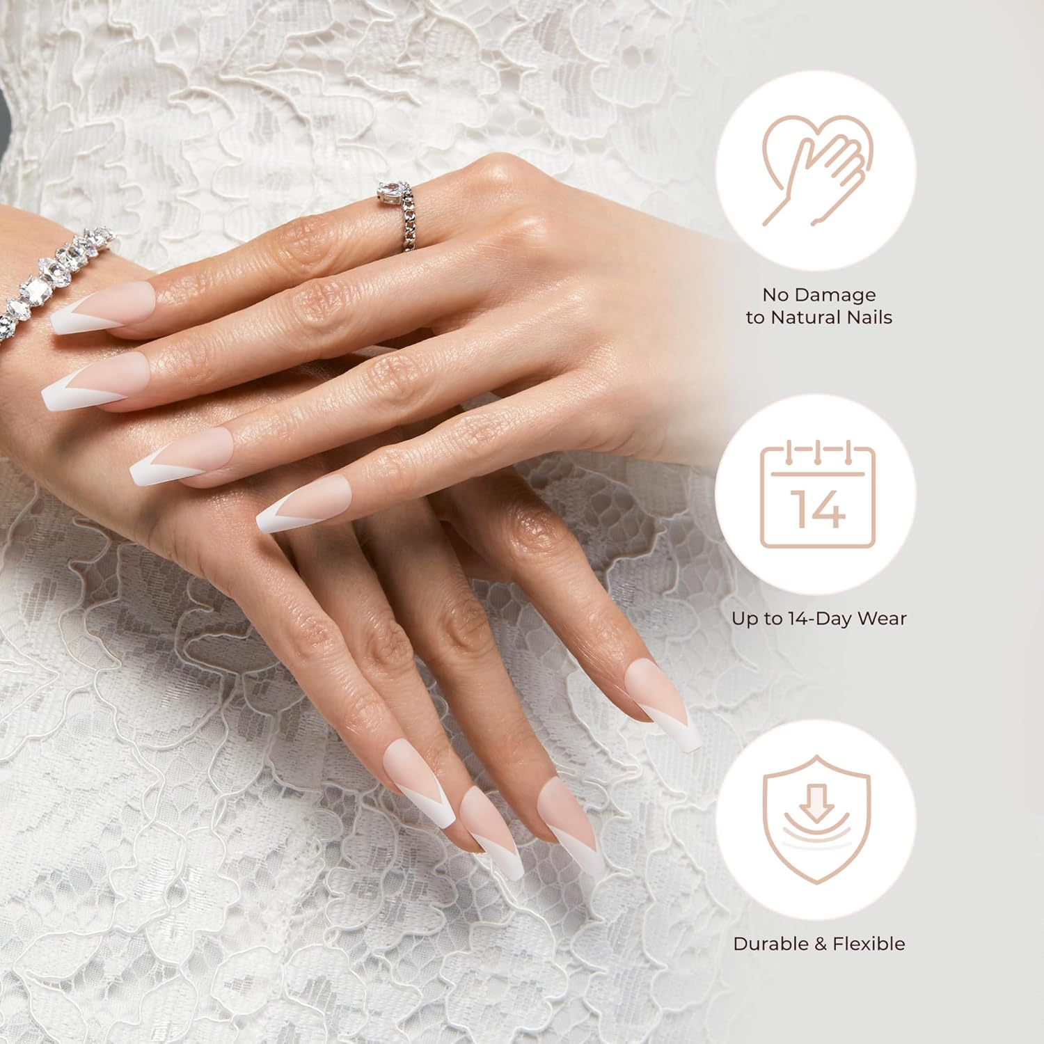 KISS_Classy,_Press_On_Nails,_Nail_glue_included,_'Dashing',_White,_Medium_Size,_Almond_Shape,_Includes_28_Nails,_2g_glue,_1_Manicure_Stick,_1_Mini_File