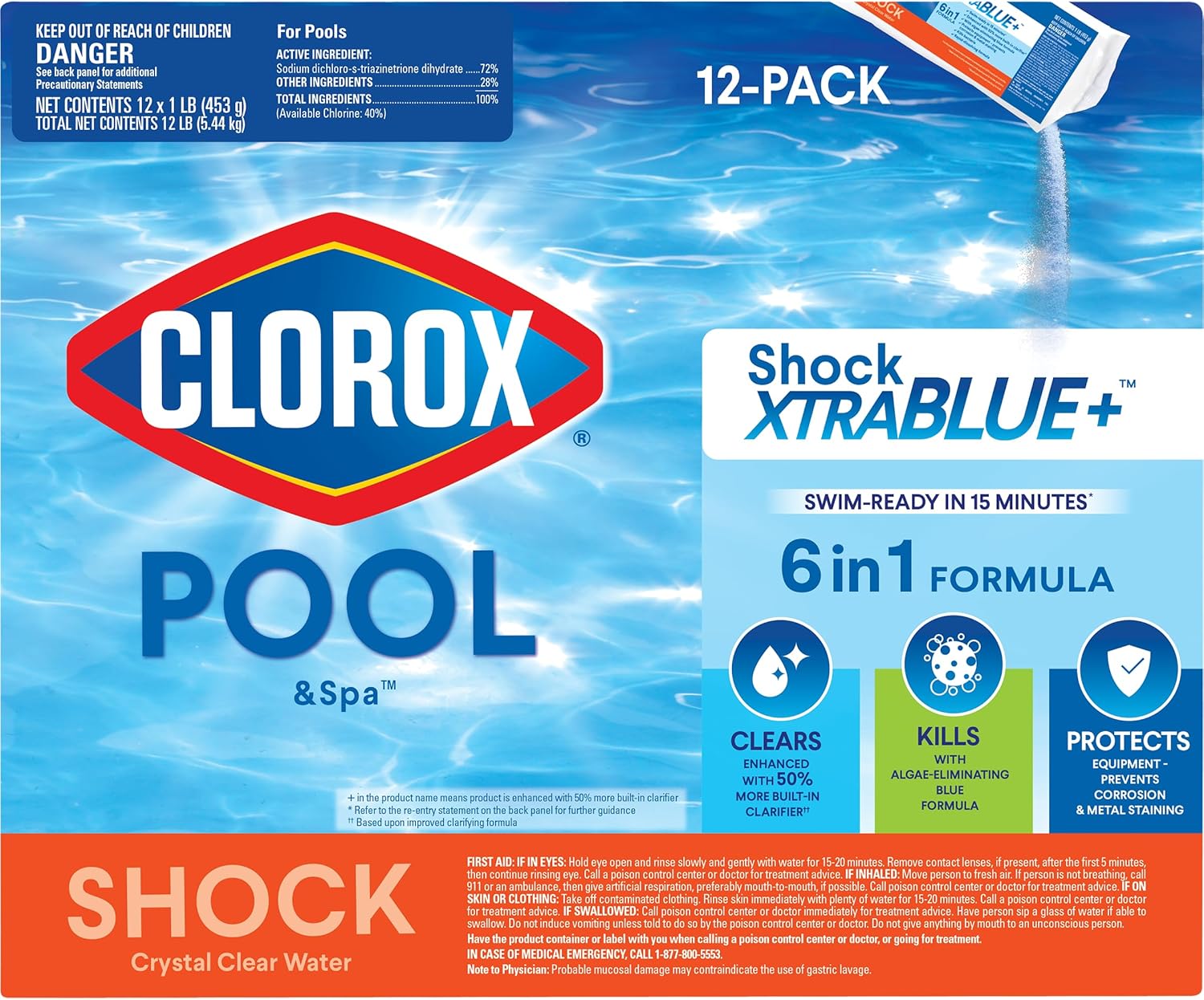 Clorox®_Pool&Spa™_Shock_XTRABLUE®_Plus,_Kills_Bacteria_&_Algae_in_Swimming_Pools,_Swim-Ready_in_15_Minutes,_(12-Pack),_Granular