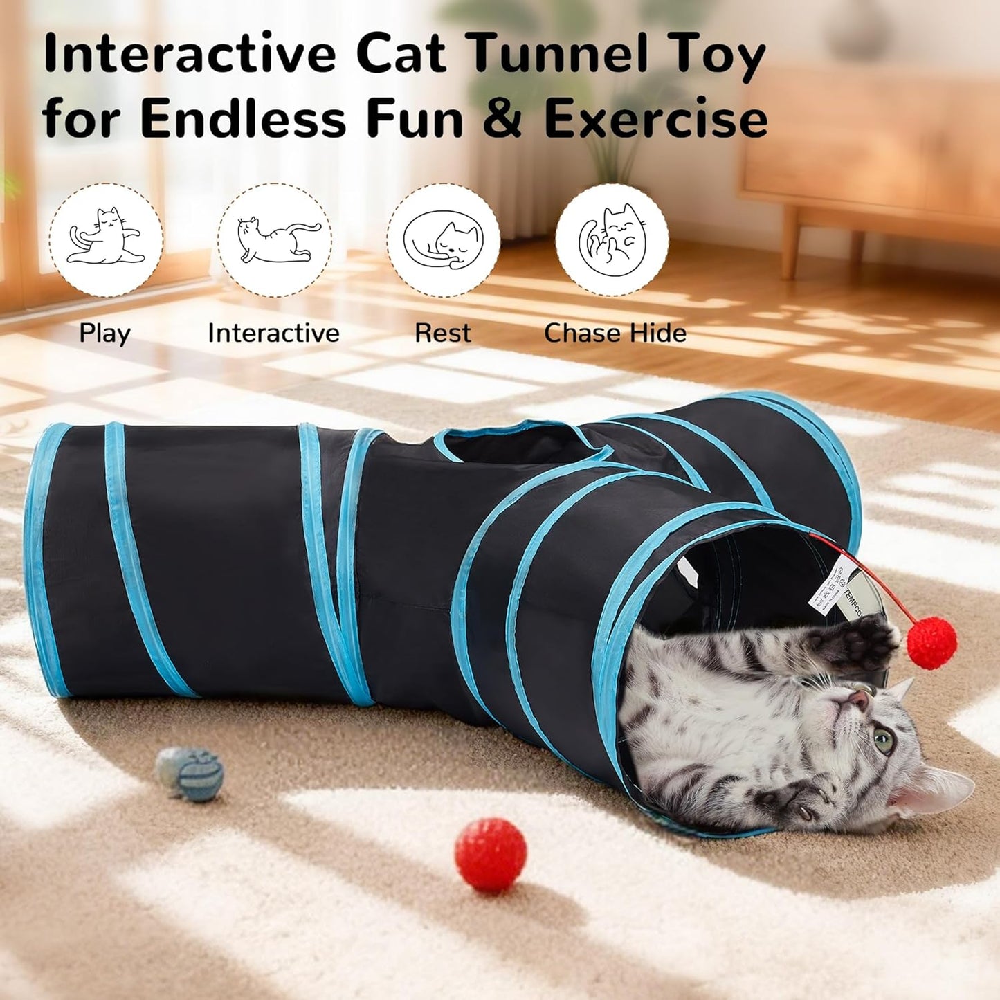 Tempcore_Pet_Cat_Tunnel_Tube_Toys_3_Way_Collapsible,_Tunnels_for_Indoor_Cats,_Interactive_Tube_with_Teaser_Wand,_Peek_Holes_&_Hanging_Ball,_Black_&_Blue