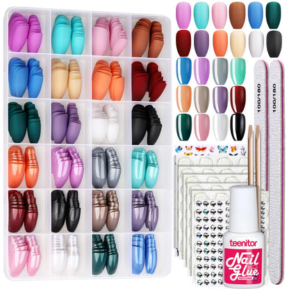 Coffin Shape Press On Nails Set, Teenitor 24 Packs 576PCS Matte Short Coffin Glue On Nails Medium Length, 12 Colors Coffin , 12 Colors Glossy Press On Coffin Nails, Reusable, Nail Adhesive Tabs, Nail Stickers Rhinestone