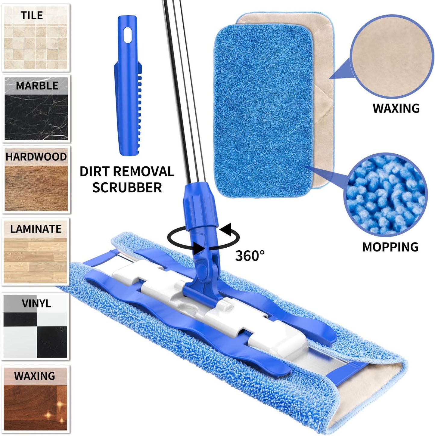 MR.SIGA_Professional_Microfiber_Mop_for_Hardwood,_Laminate,_Tile_Floor_Cleaning,_Stainless_Steel_Telescopic_Handle_-_3_Reusable_Flat_Mop_Refills_and_1_Dirt_Removal_Scrubber_Included