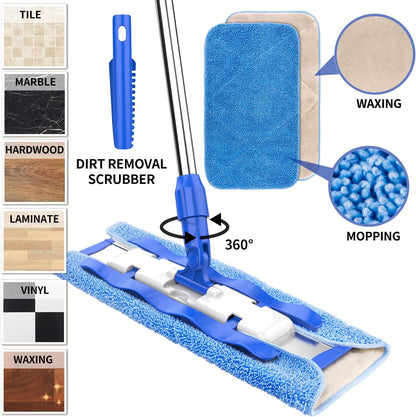 MR.SIGA_Professional_Microfiber_Mop_for_Hardwood,_Laminate,_Tile_Floor_Cleaning,_Stainless_Steel_Telescopic_Handle_-_3_Reusable_Flat_Mop_Refills_and_1_Dirt_Removal_Scrubber_Included