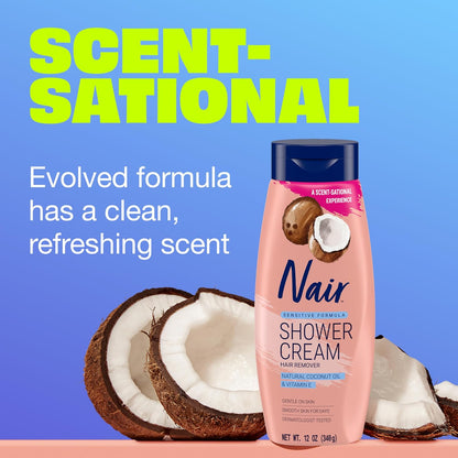 Nair_Sensitive_Formula_Shower_Cream,_Quick_and_Easy_Hair_Removal_Cream_with_Coconut_Oil_and_Vitamin_E_for_Body,_12_oz  